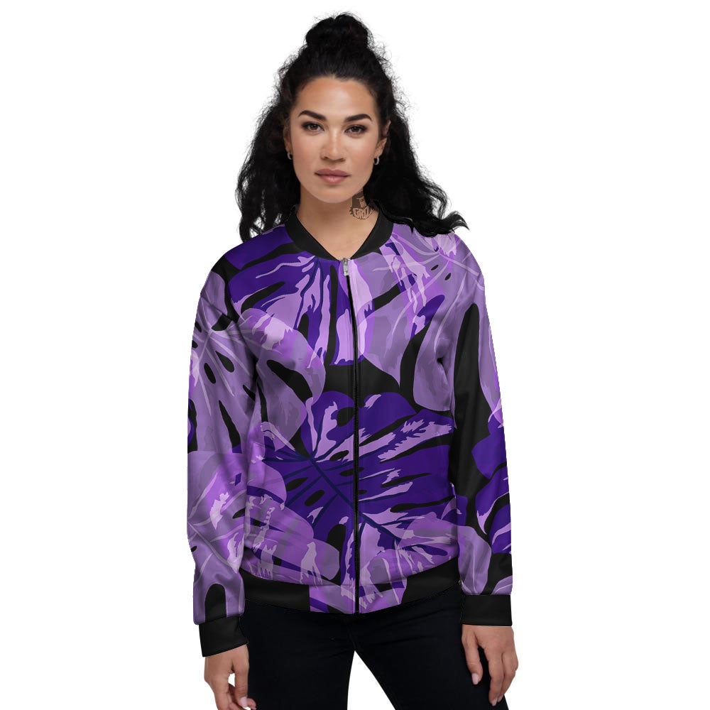 Tropical Leaves Purple Print Women's Bomber Jacket-grizzshop