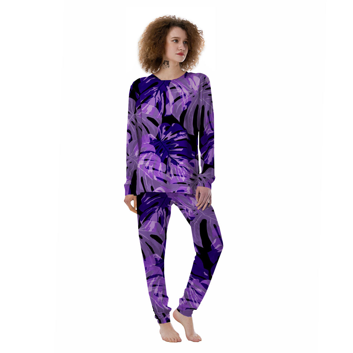 Tropical Leaves Purple Print Women's Pajamas-grizzshop