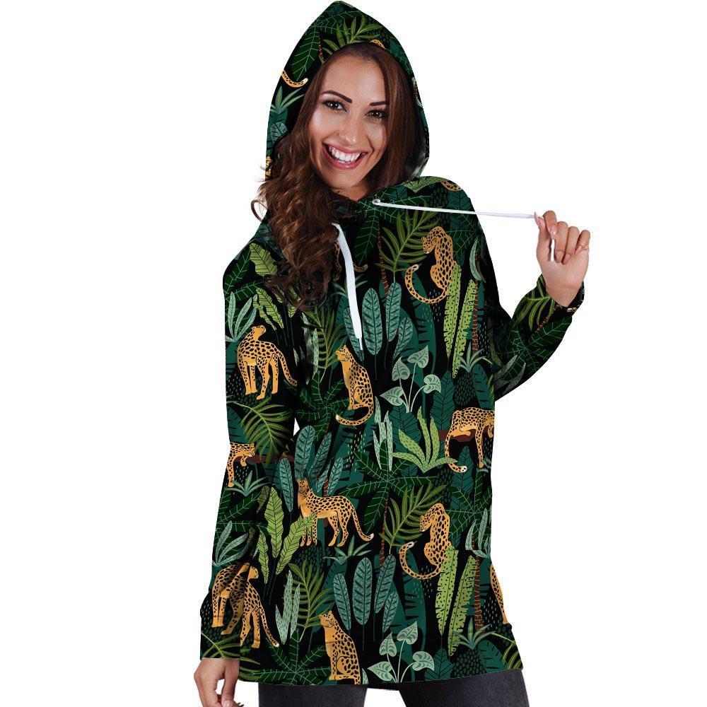 Tropical Leopard Hawaiian Print Hoodie Dress-grizzshop