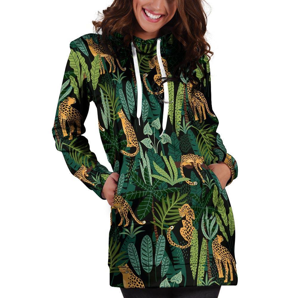 Tropical Leopard Hawaiian Print Hoodie Dress-grizzshop