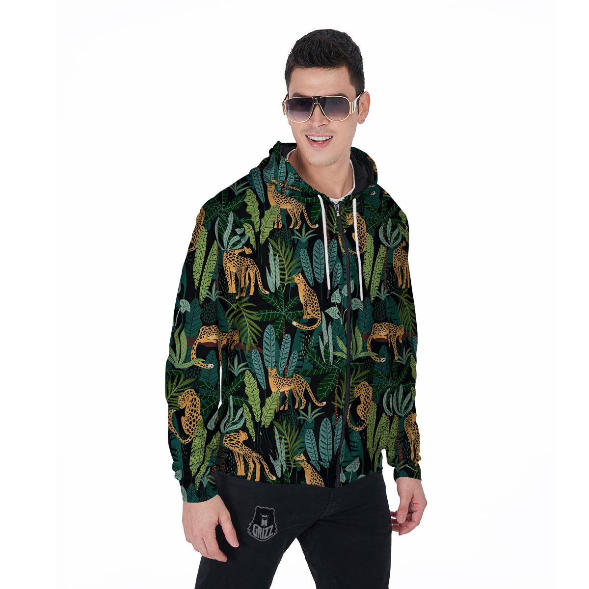 Tropical Leopard Hawaiian Print Men's Zip Up Hoodie-grizzshop