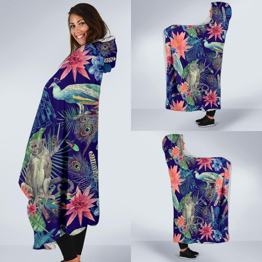 Tropical Monkey Print Pattern Hooded Blanket-grizzshop