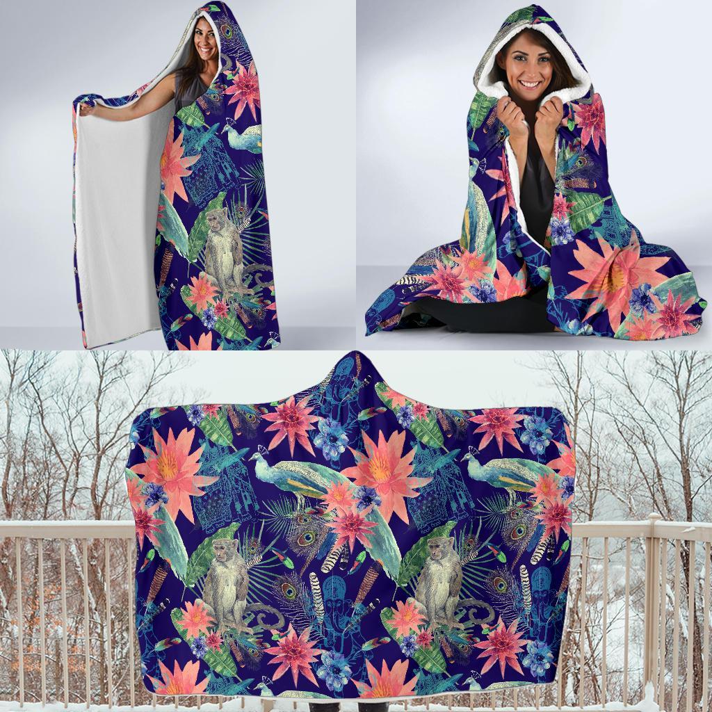 Tropical Monkey Print Pattern Hooded Blanket-grizzshop