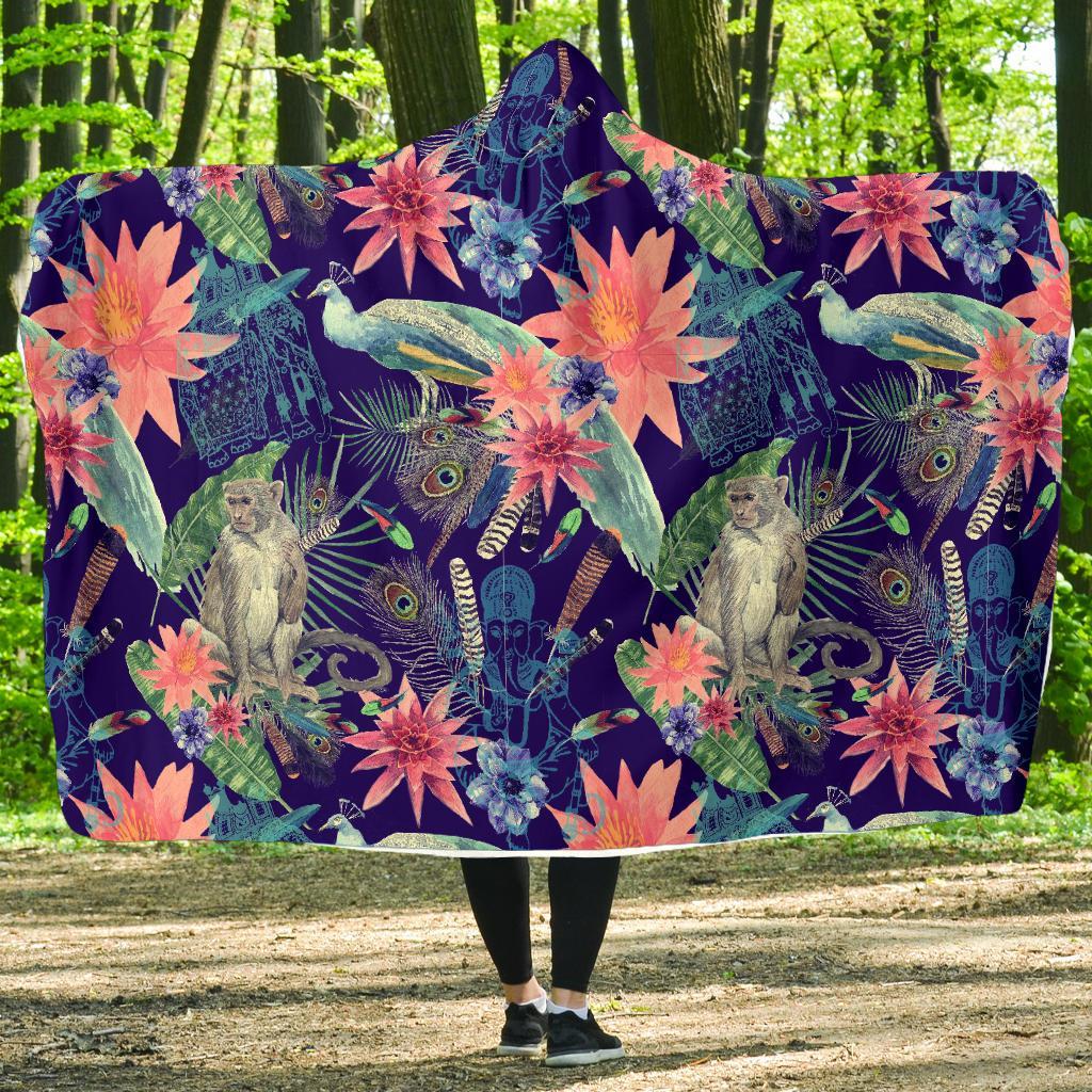 Tropical Monkey Print Pattern Hooded Blanket-grizzshop