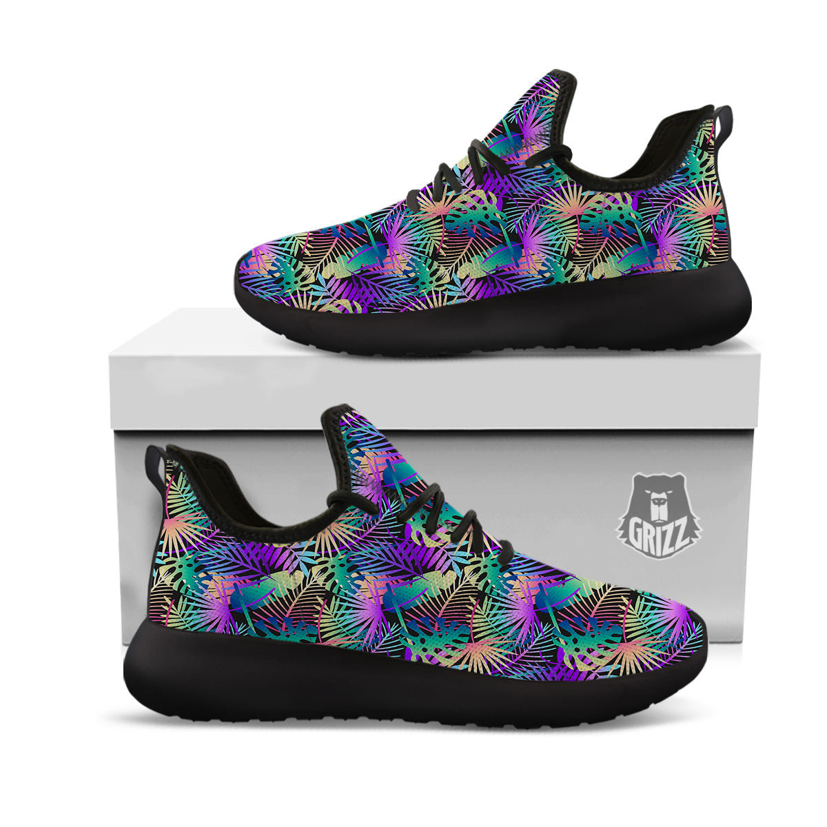 Tropical Neon Color And Palm Leaves Print Pattern Black Athletic Shoes-grizzshop