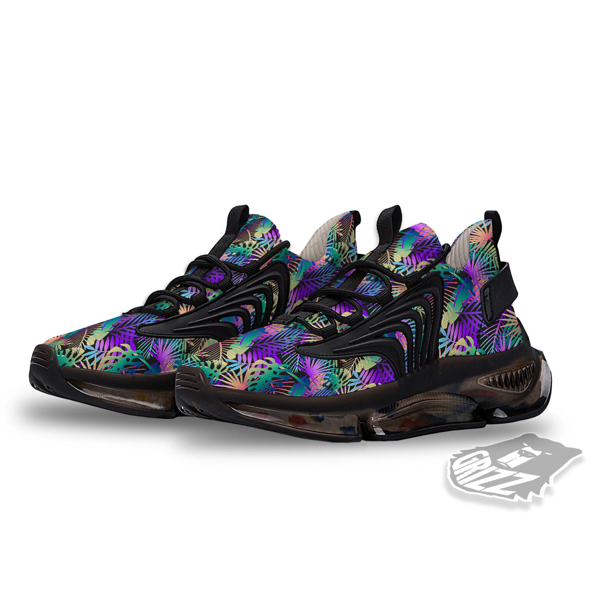 Tropical Neon Color And Palm Leaves Print Pattern Black Gym Shoes-grizzshop
