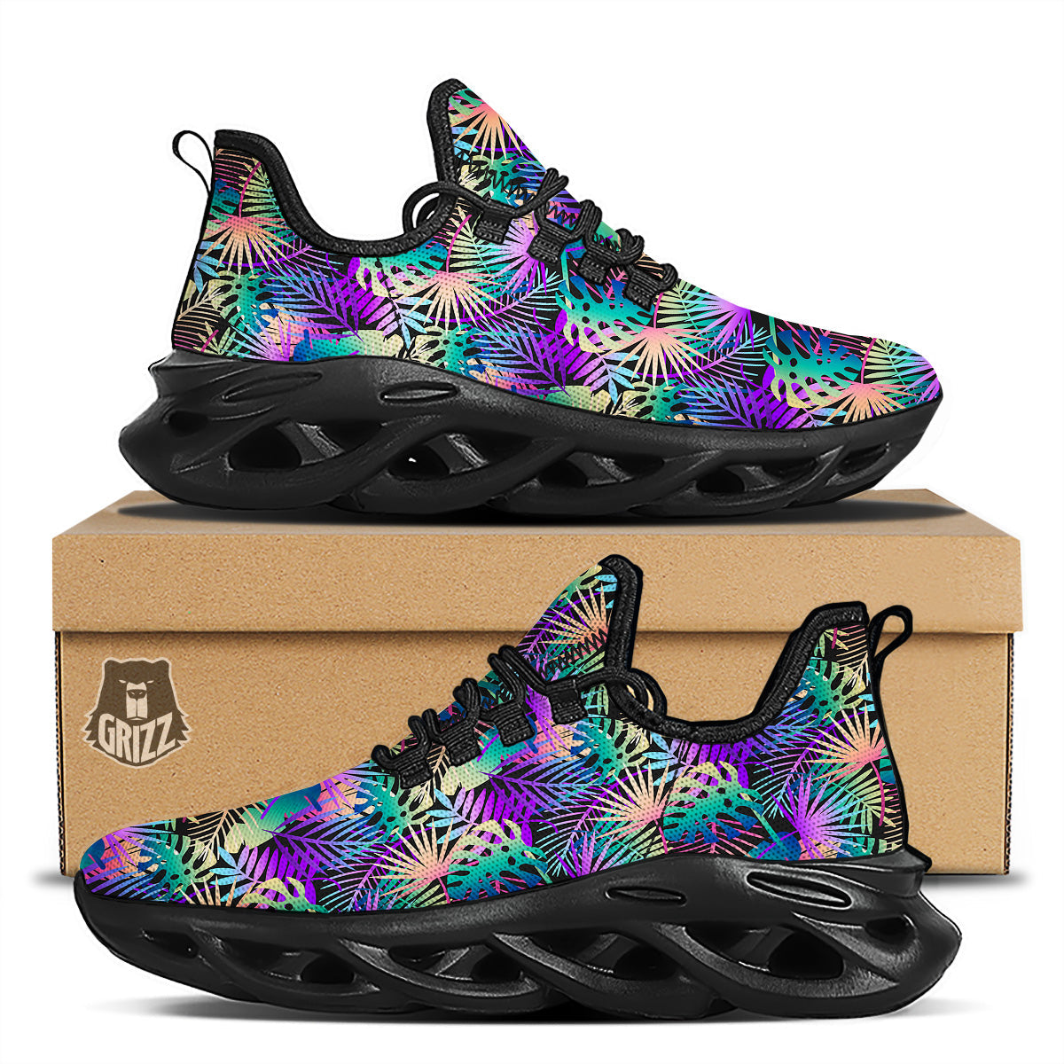 Tropical Neon Color And Palm Leaves Print Pattern Black Running Shoes-grizzshop