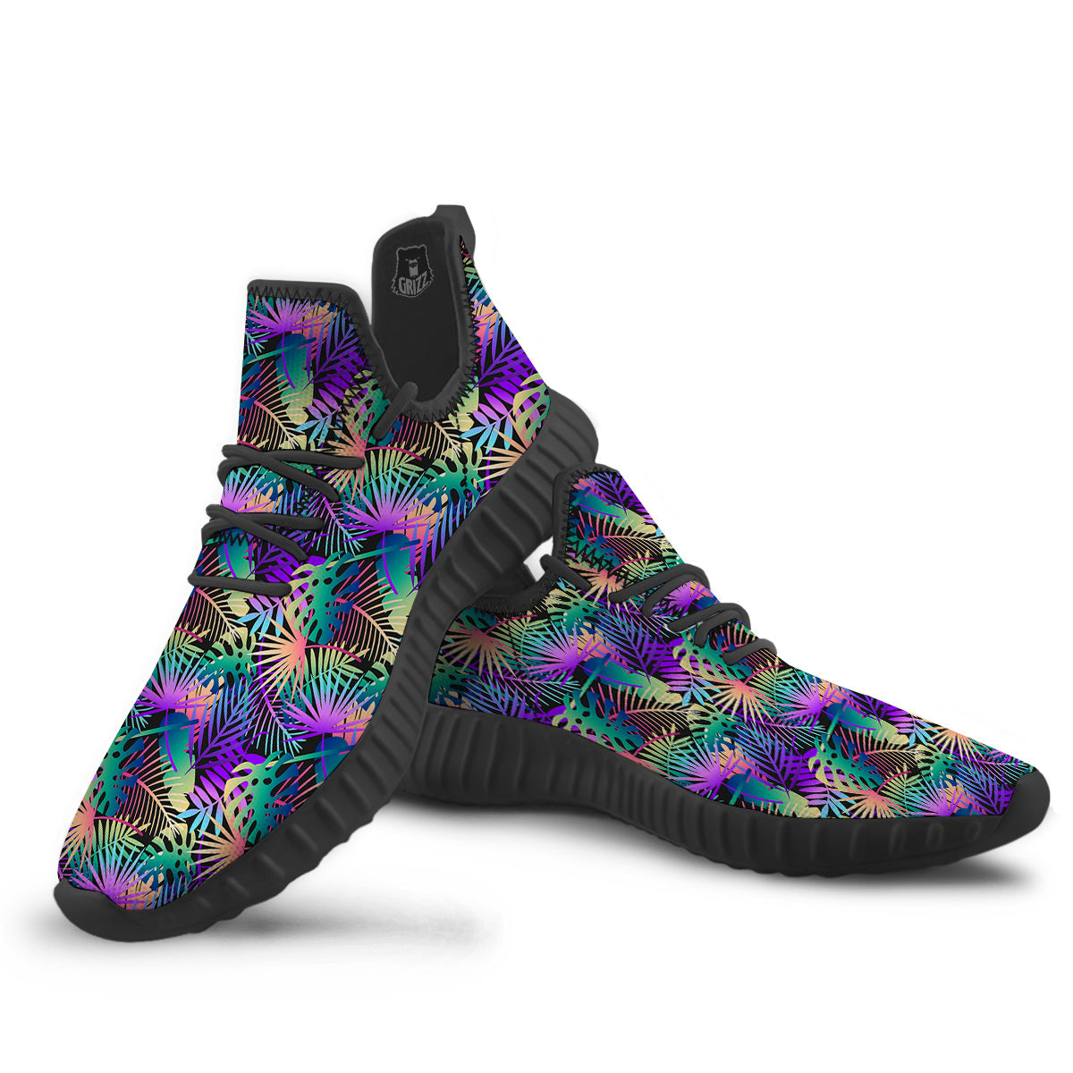 Tropical Neon Color And Palm Leaves Print Pattern Black Walking Shoes-grizzshop