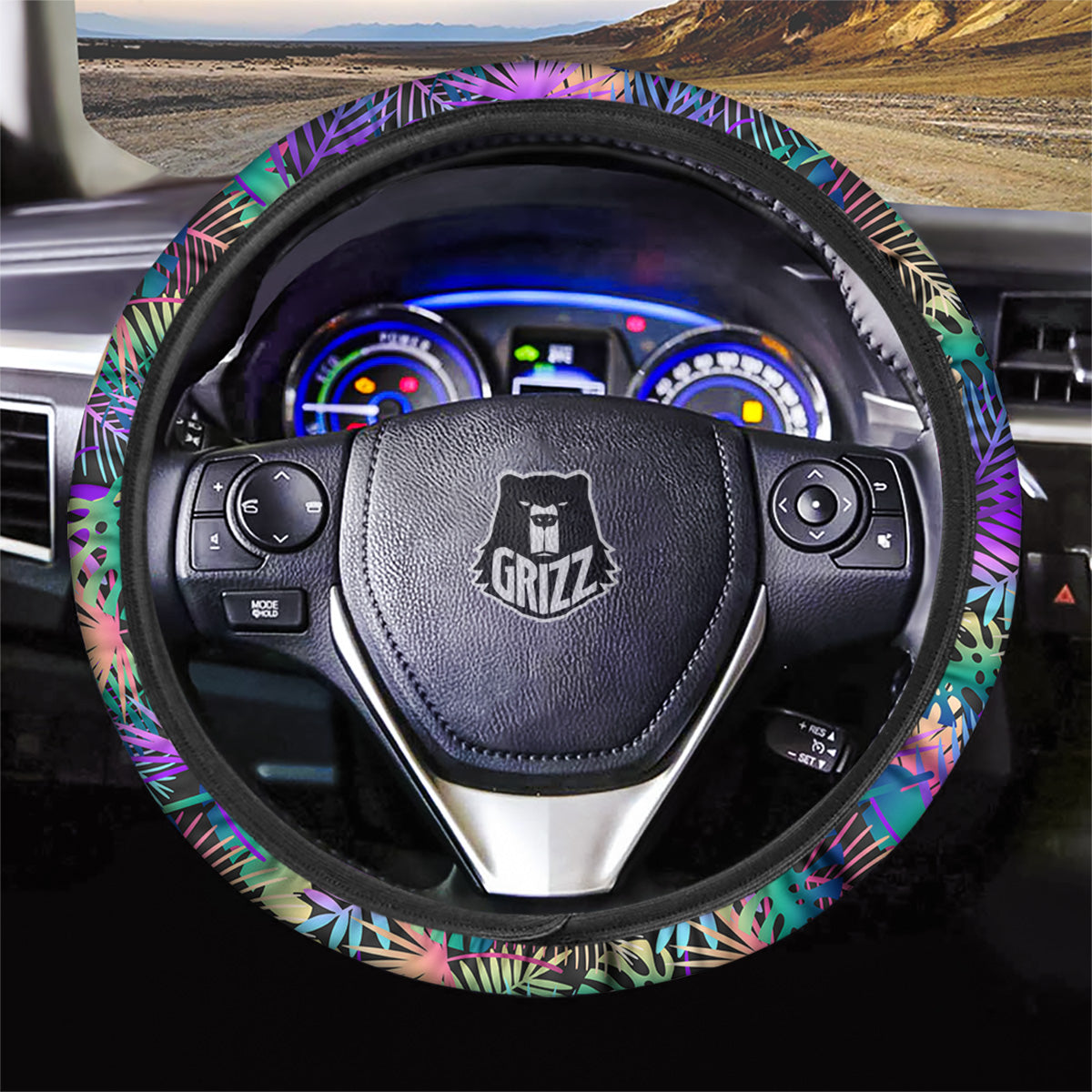 Tropical Neon Color And Palm Leaves Print Pattern Car Steering Wheel Cover-grizzshop