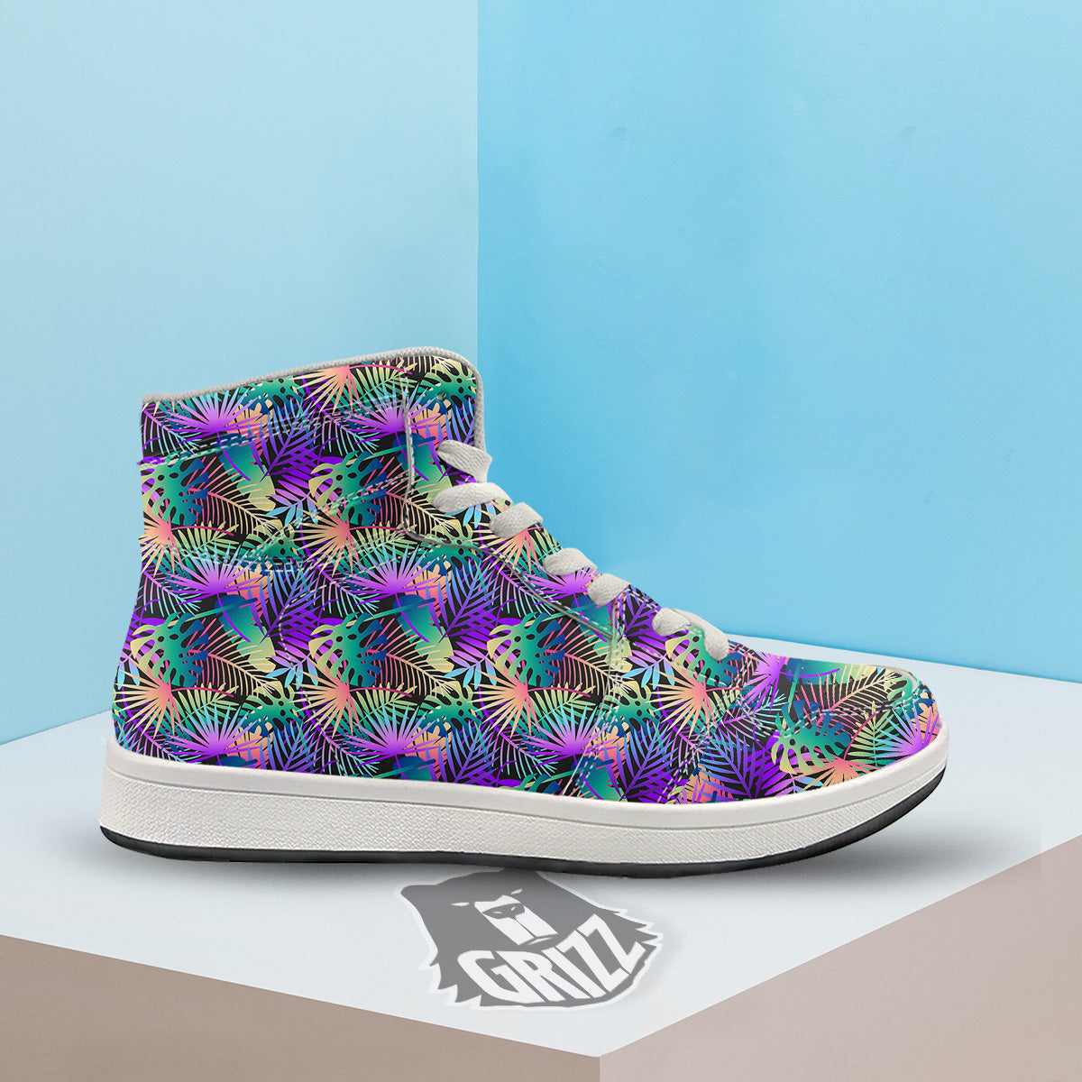 Tropical Neon Color And Palm Leaves Print Pattern High Top Sneakers-grizzshop