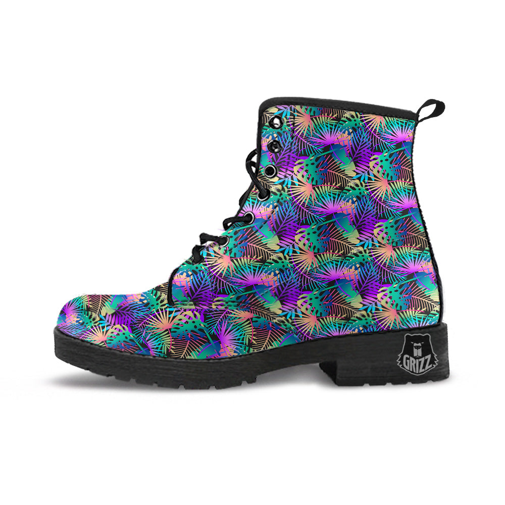 Tropical Neon Color And Palm Leaves Print Pattern Leather Boots-grizzshop
