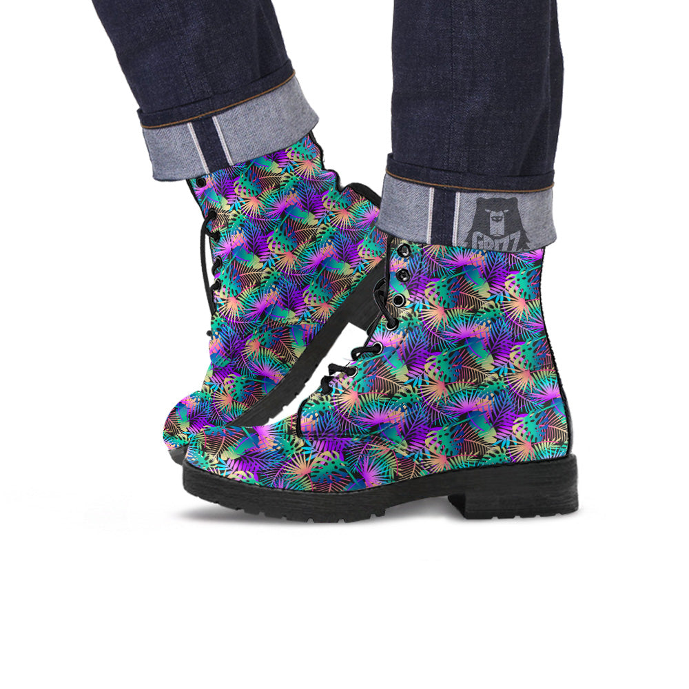 Tropical Neon Color And Palm Leaves Print Pattern Leather Boots-grizzshop