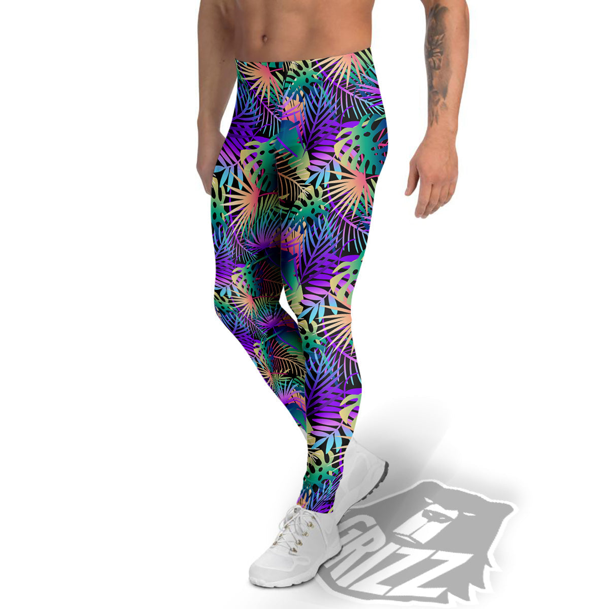 Tropical Neon Color And Palm Leaves Print Pattern Men's Leggings-grizzshop