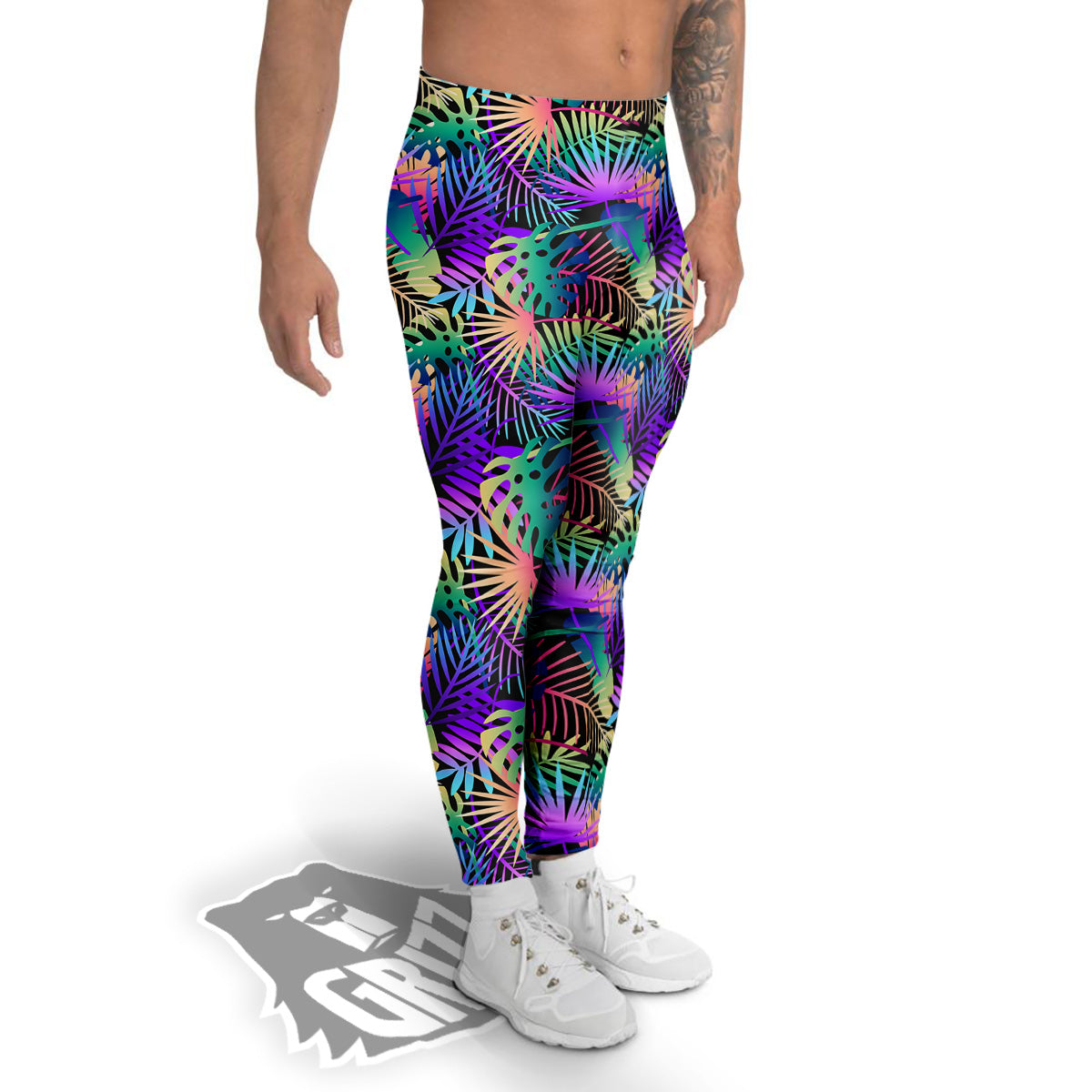 Tropical Neon Color And Palm Leaves Print Pattern Men's Leggings-grizzshop