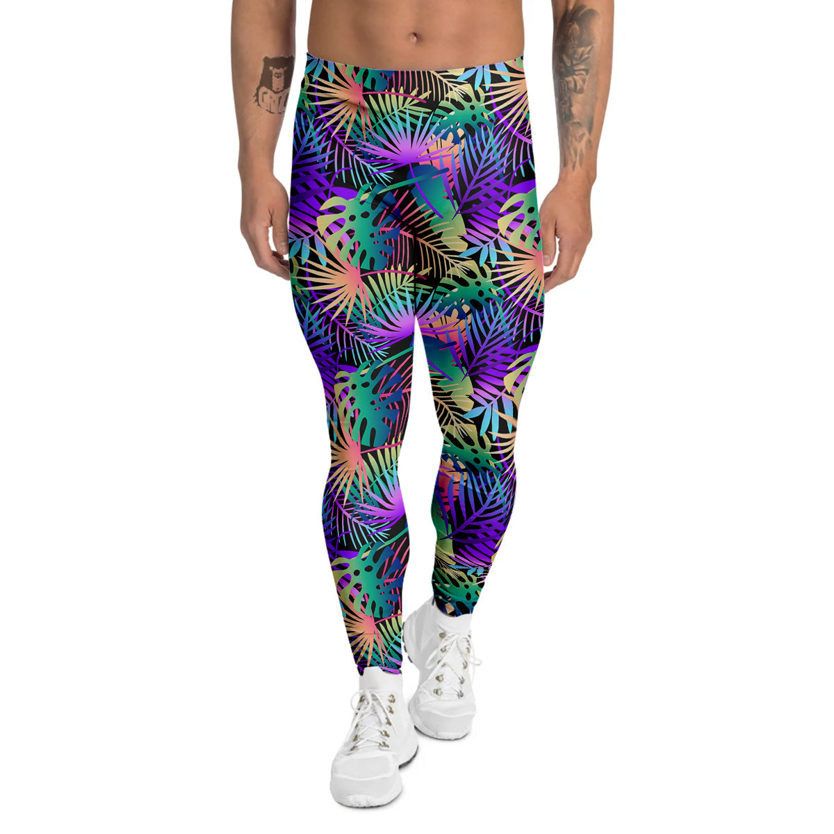 Tropical Neon Color And Palm Leaves Print Pattern Men's Leggings-grizzshop