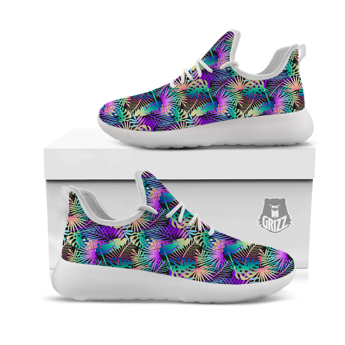 Tropical Neon Color And Palm Leaves Print Pattern White Athletic Shoes-grizzshop
