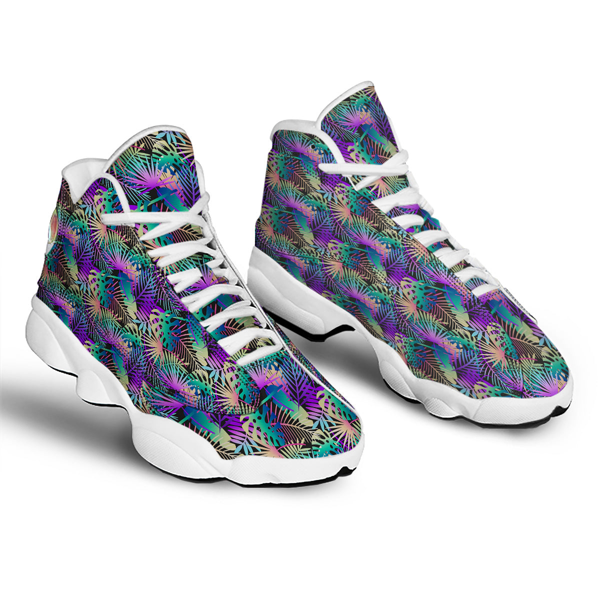 Tropical Neon Color And Palm Leaves Print Pattern White Basketball Shoes-grizzshop