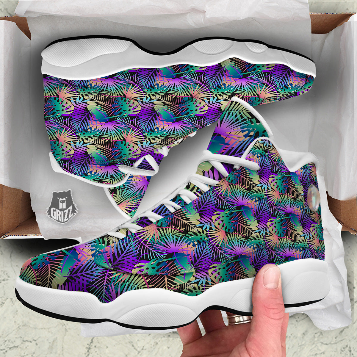 Tropical Neon Color And Palm Leaves Print Pattern White Basketball Shoes-grizzshop