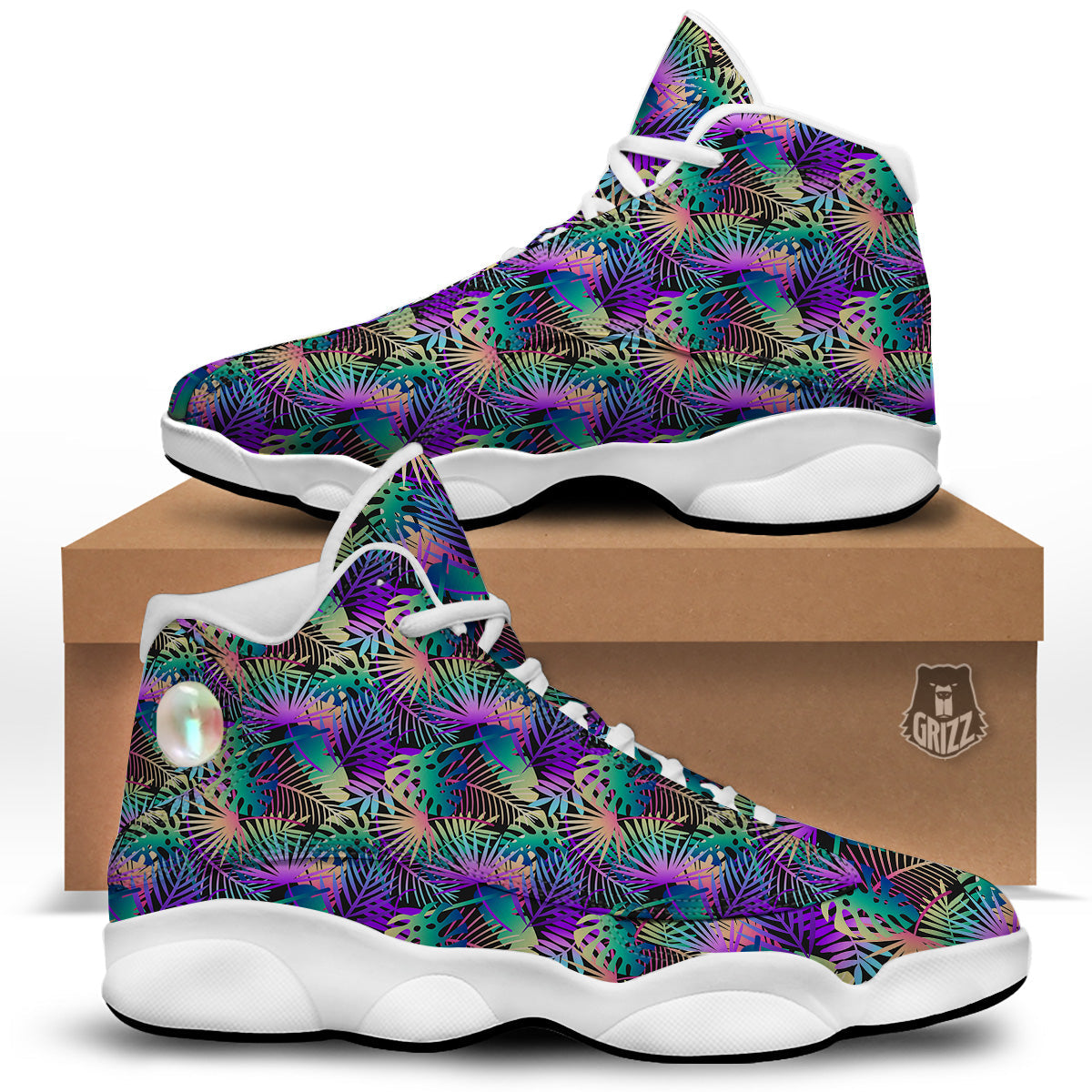Tropical Neon Color And Palm Leaves Print Pattern White Basketball Shoes-grizzshop