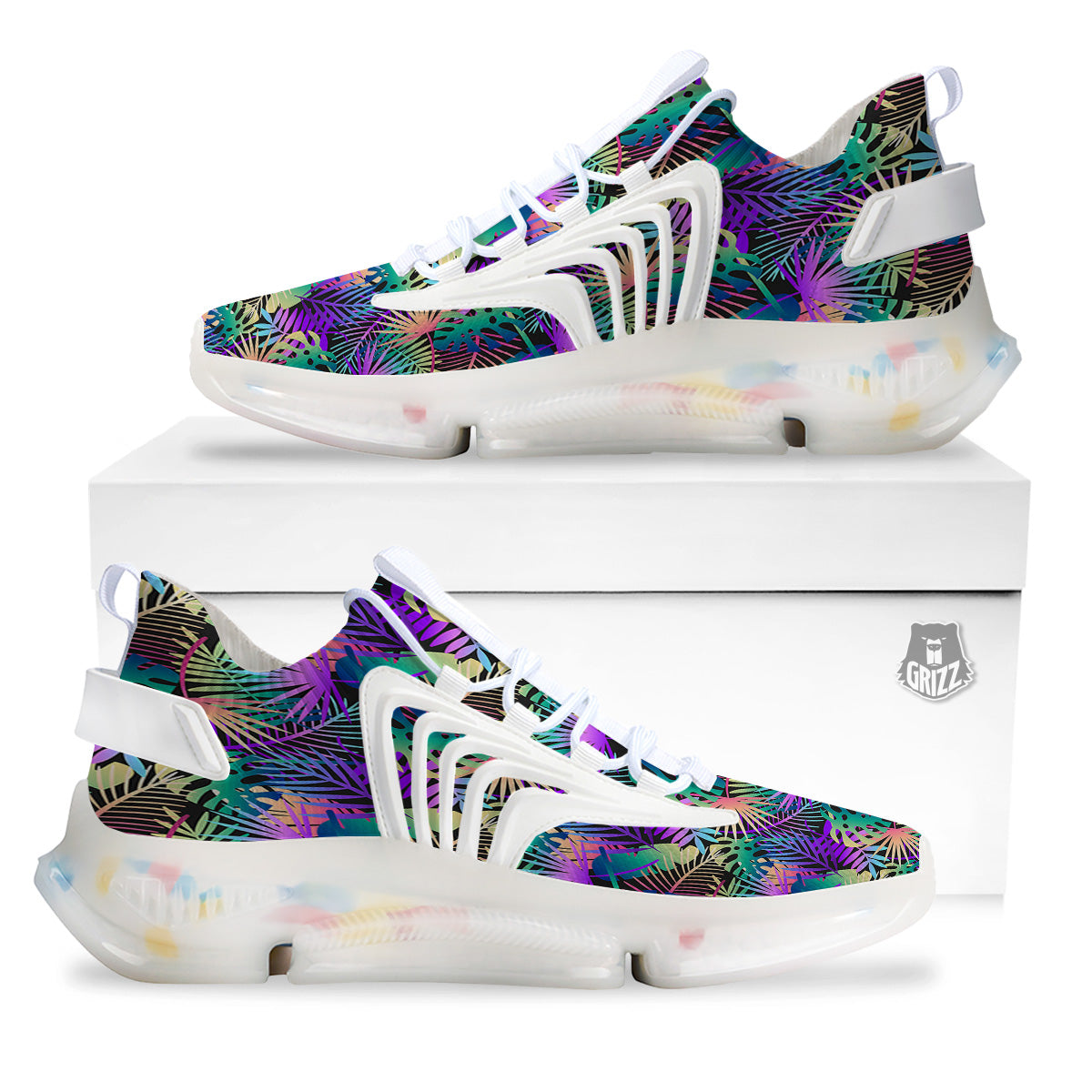 Tropical Neon Color And Palm Leaves Print Pattern White Gym Shoes-grizzshop