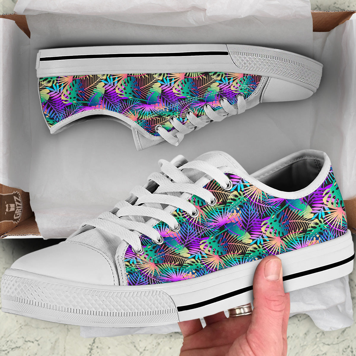 Tropical Neon Color And Palm Leaves Print Pattern White Low Top Shoes-grizzshop