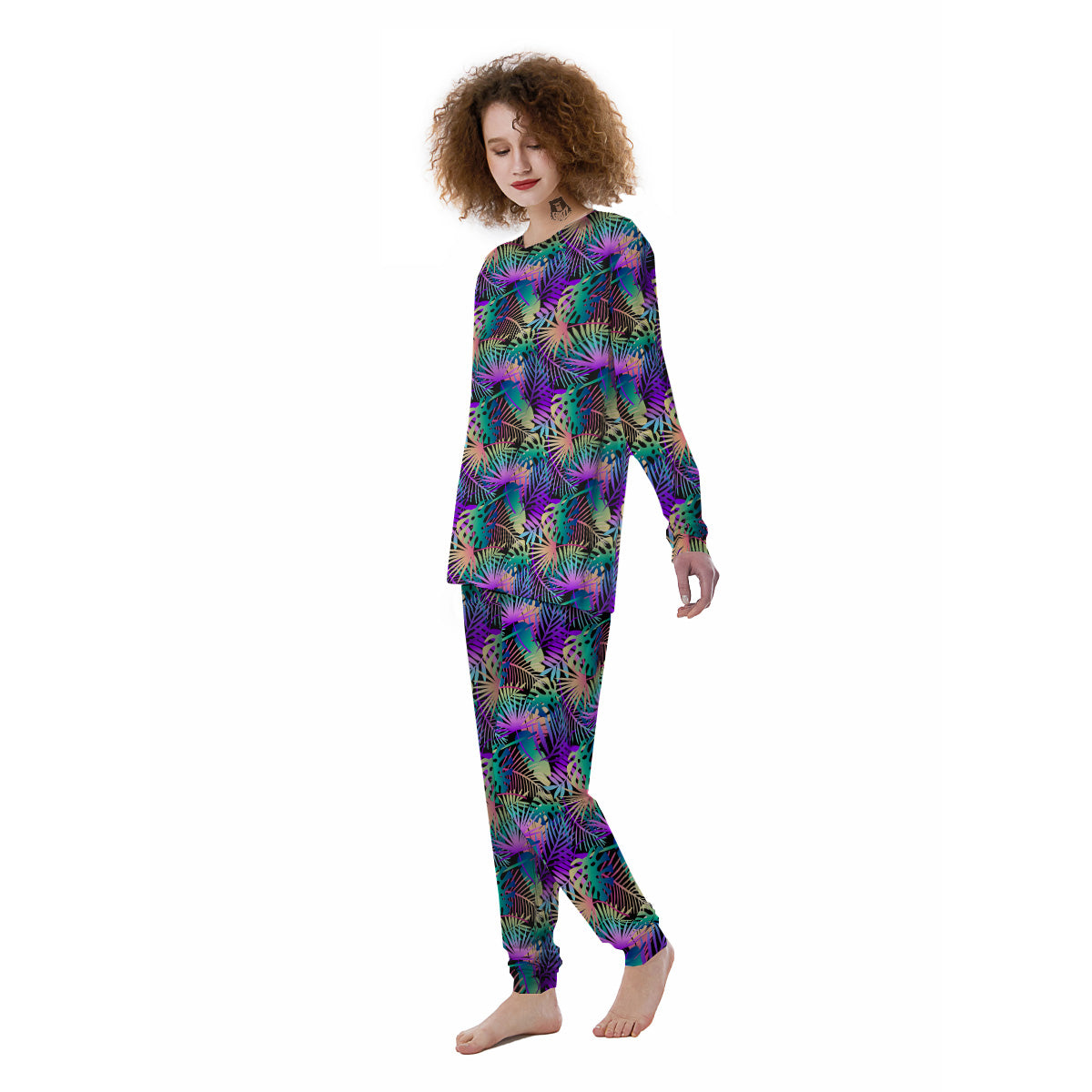 Tropical Neon Color And Palm Leaves Print Pattern Women's Pajamas-grizzshop