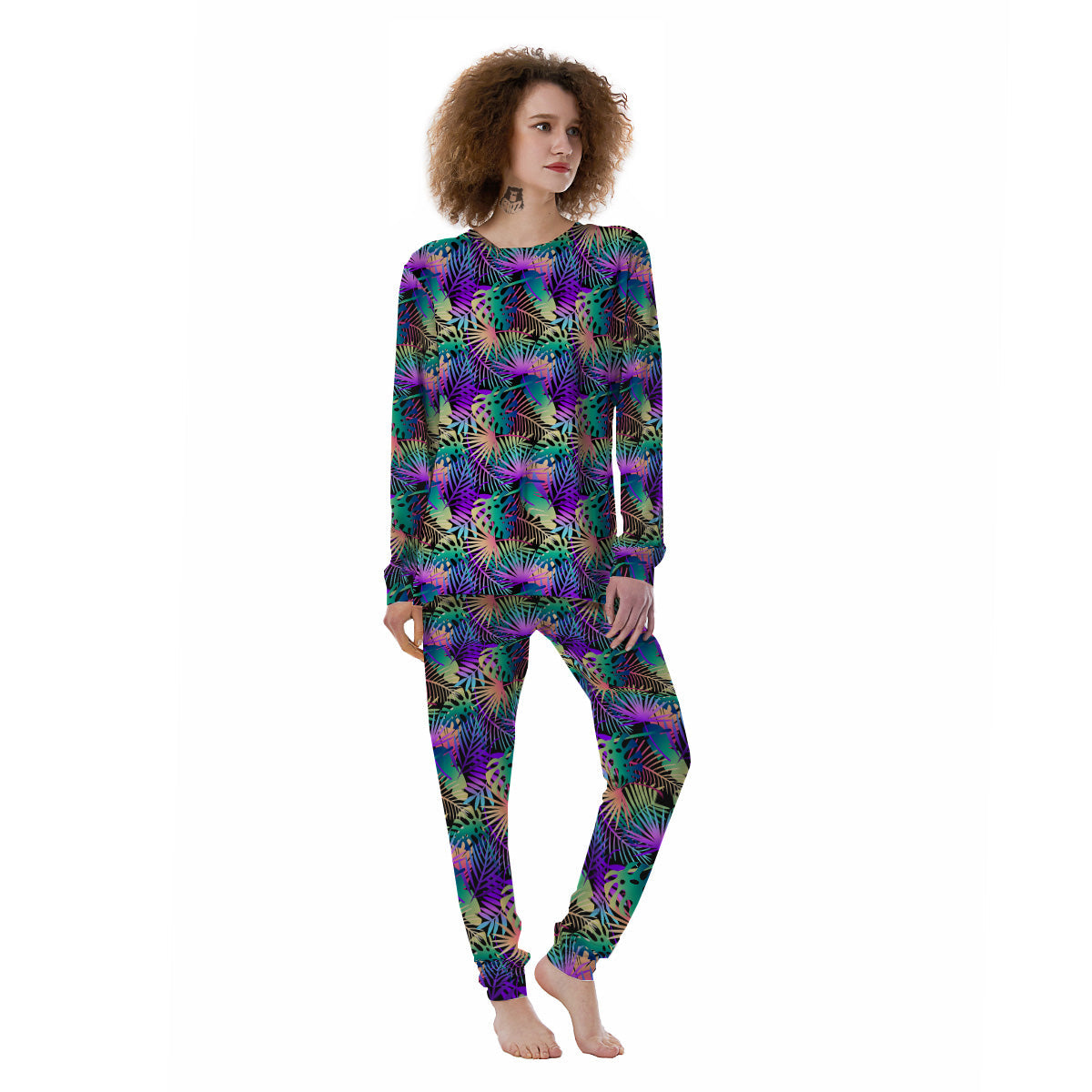 Tropical Neon Color And Palm Leaves Print Pattern Women's Pajamas-grizzshop