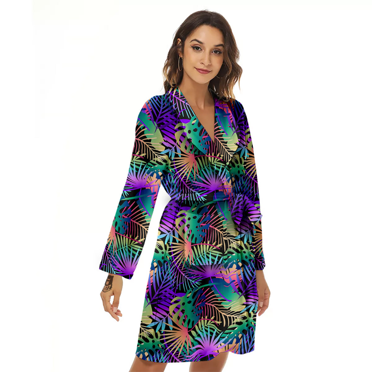 Tropical Neon Color And Palm Leaves Print Pattern Women's Robe-grizzshop