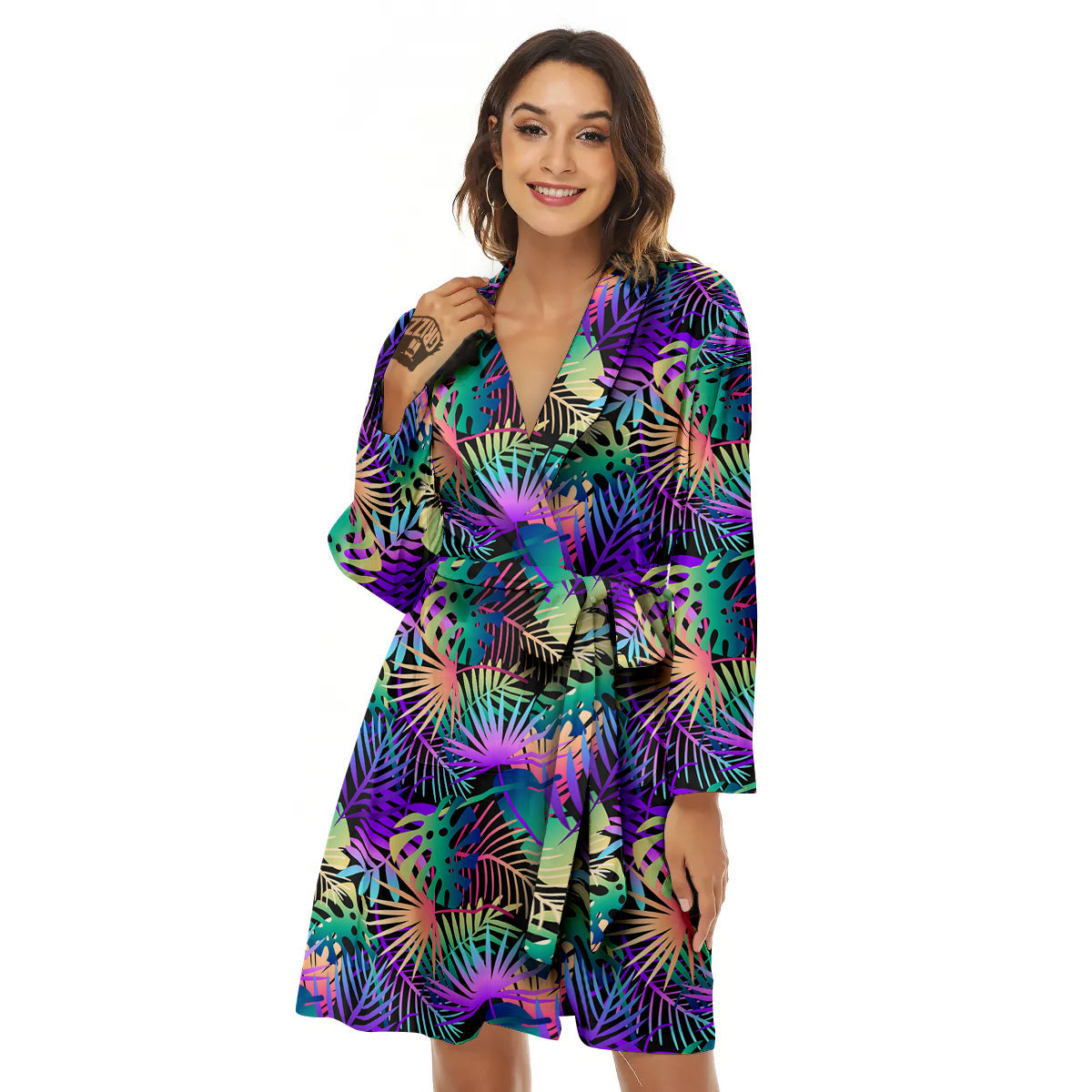 Tropical Neon Color And Palm Leaves Print Pattern Women's Robe-grizzshop
