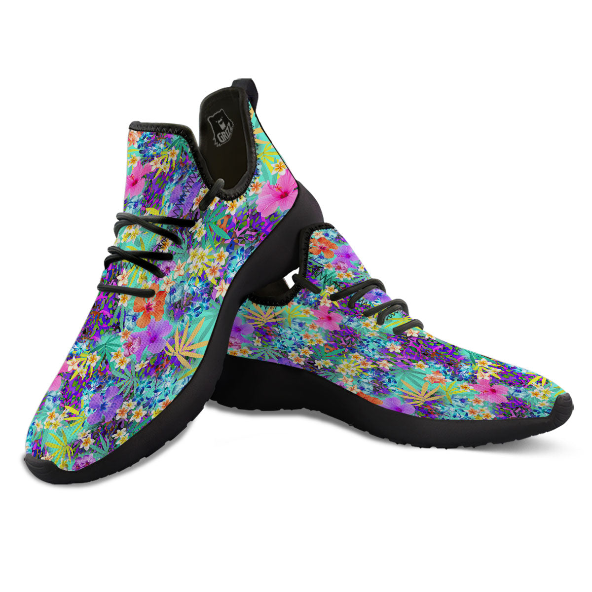 Tropical Neon Hibiscus Print Pattern Black Athletic Shoes-grizzshop