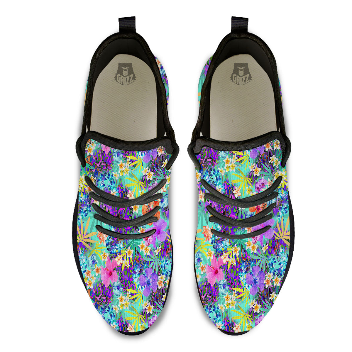 Tropical Neon Hibiscus Print Pattern Black Athletic Shoes-grizzshop