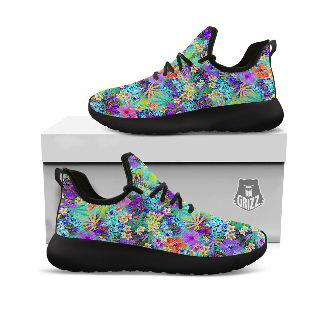 Tropical Neon Hibiscus Print Pattern Black Athletic Shoes-grizzshop