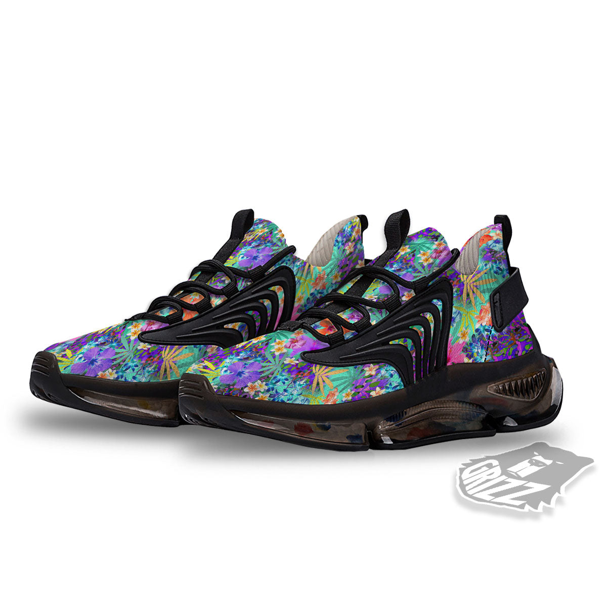 Tropical Neon Hibiscus Print Pattern Black Gym Shoes-grizzshop