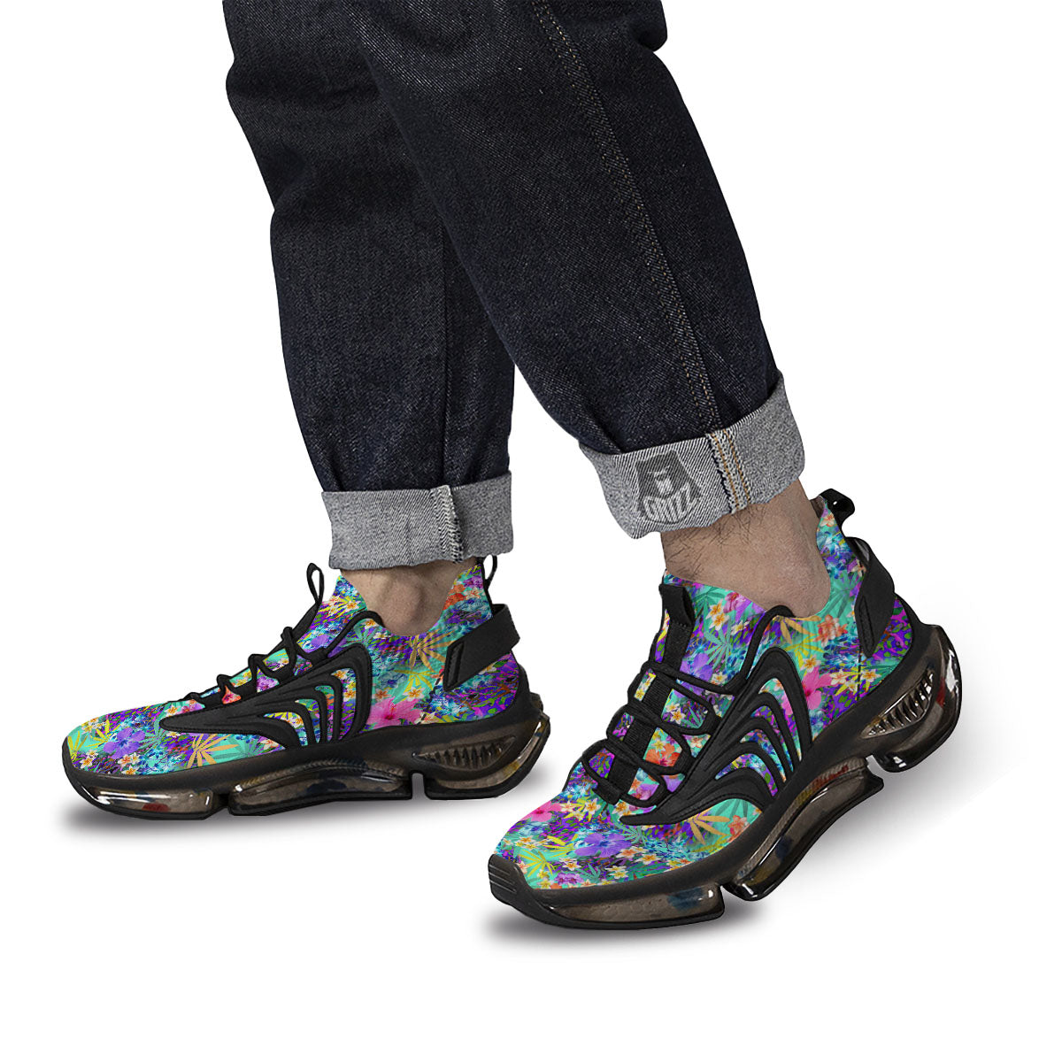 Tropical Neon Hibiscus Print Pattern Black Gym Shoes-grizzshop