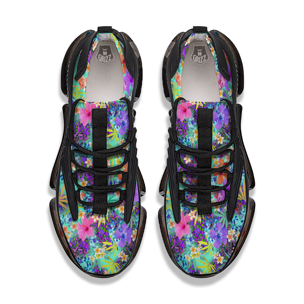 Tropical Neon Hibiscus Print Pattern Black Gym Shoes-grizzshop