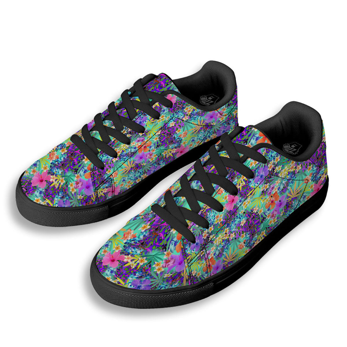 Tropical Neon Hibiscus Print Pattern Black Low Top Sneakers-grizzshop