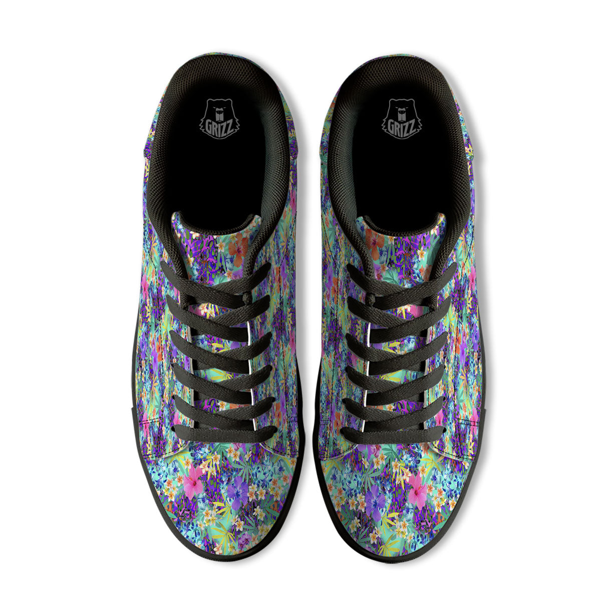 Tropical Neon Hibiscus Print Pattern Black Low Top Sneakers-grizzshop