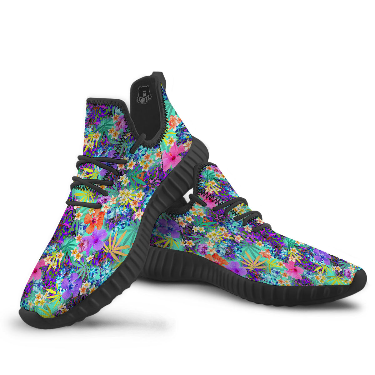 Tropical Neon Hibiscus Print Pattern Black Walking Shoes-grizzshop