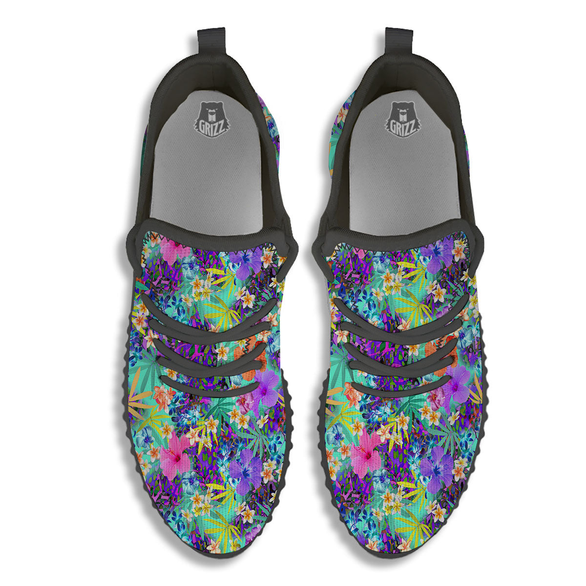 Tropical Neon Hibiscus Print Pattern Black Walking Shoes-grizzshop