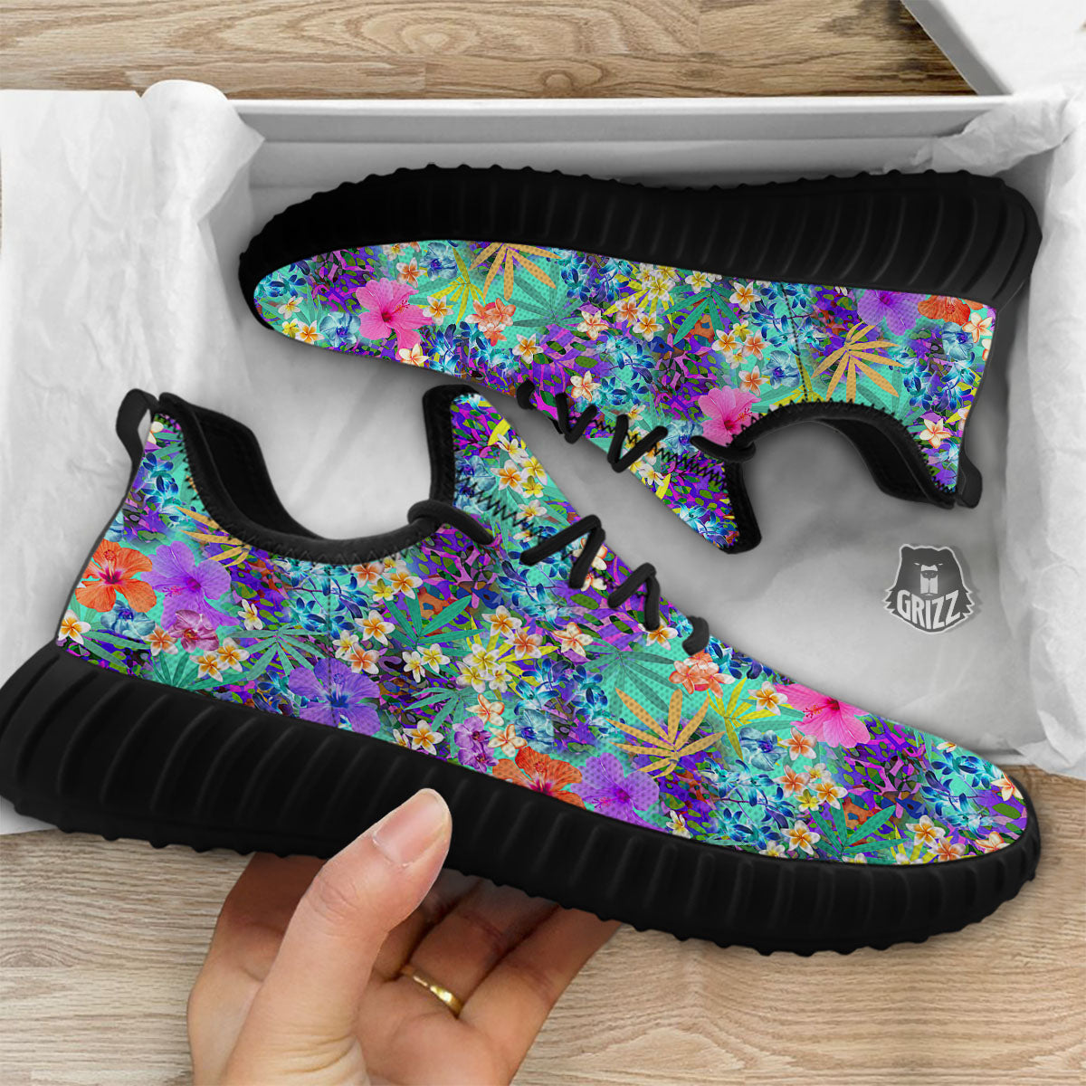 Tropical Neon Hibiscus Print Pattern Black Walking Shoes-grizzshop