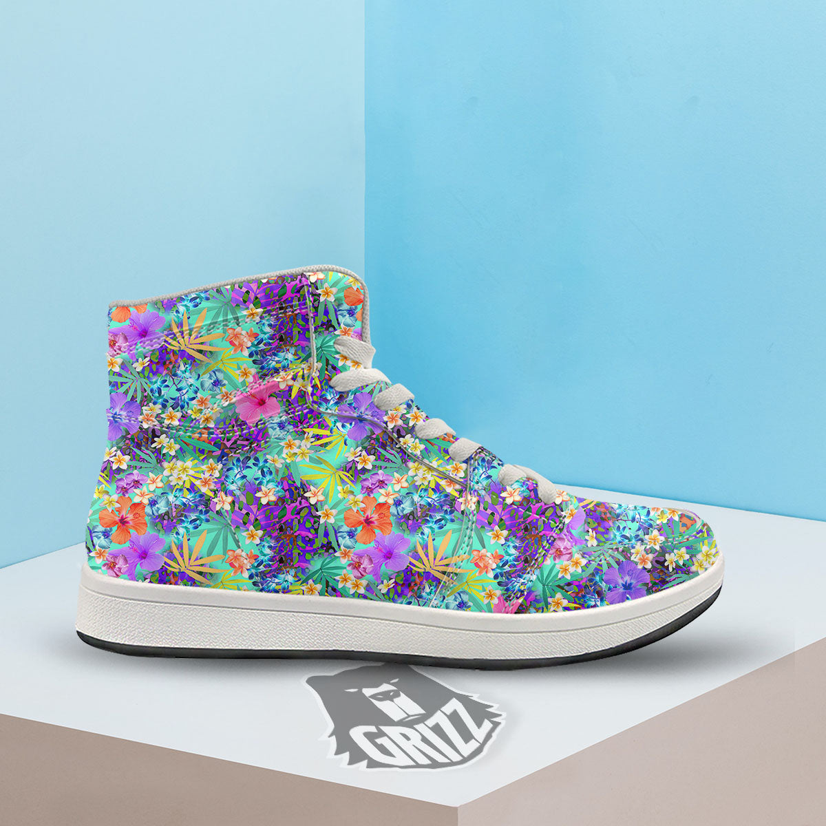 Tropical Neon Hibiscus Print Pattern High Top Sneakers-grizzshop