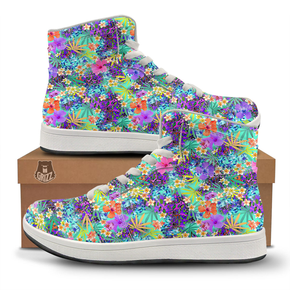Tropical Neon Hibiscus Print Pattern High Top Sneakers-grizzshop