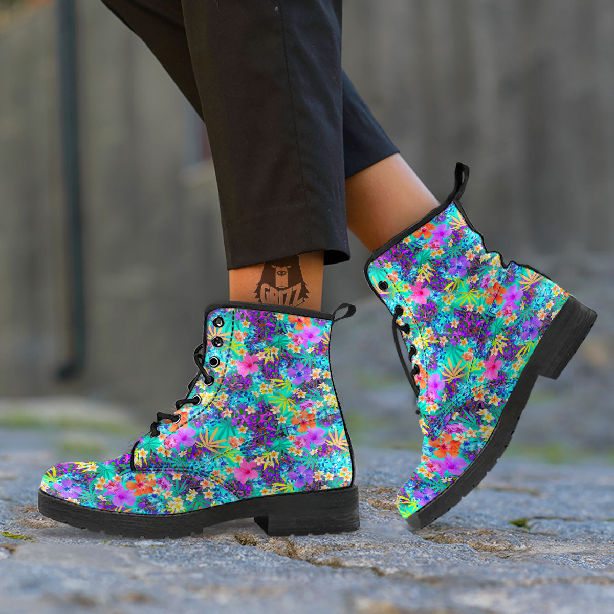 Tropical Neon Hibiscus Print Pattern Leather Boots-grizzshop