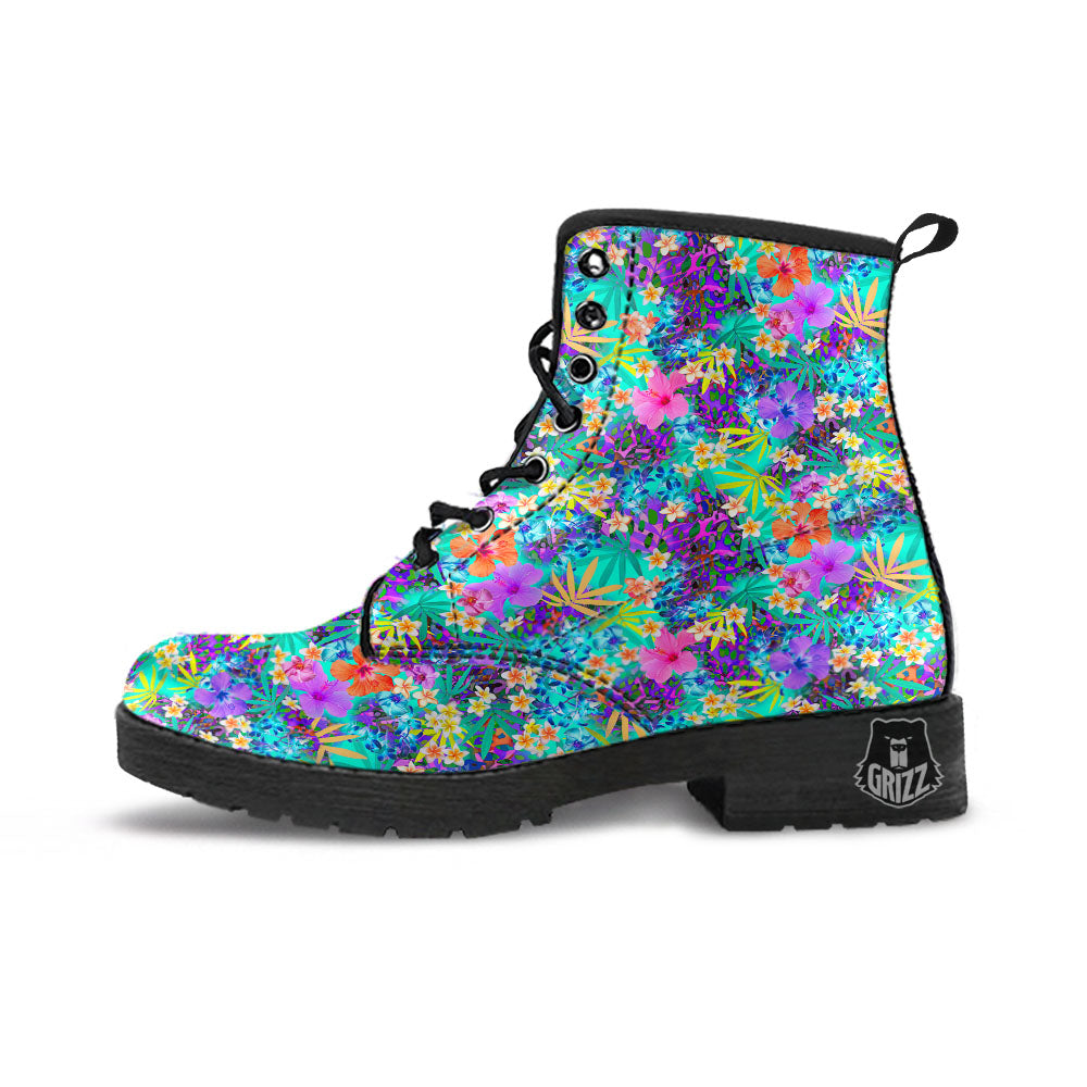 Tropical Neon Hibiscus Print Pattern Leather Boots-grizzshop
