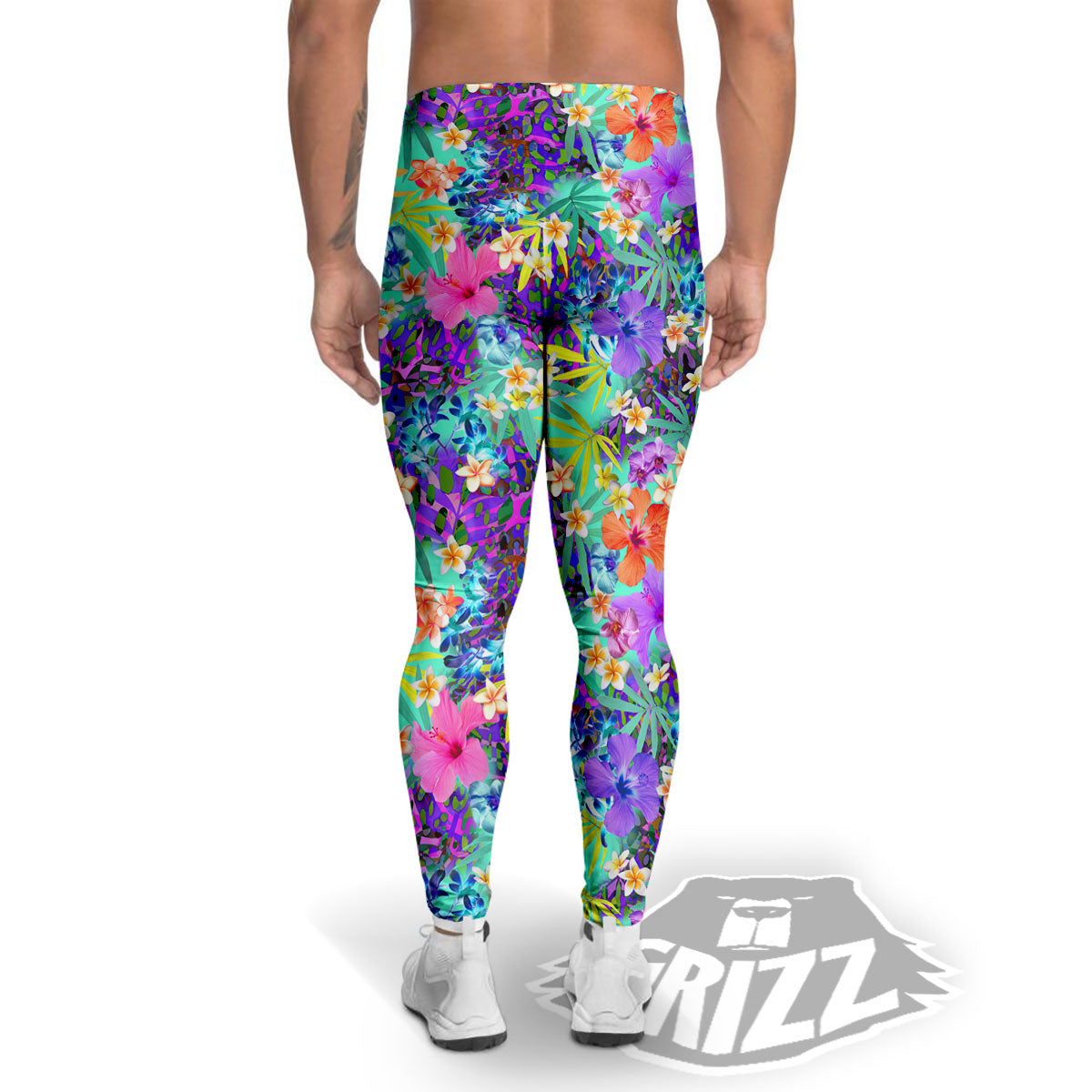 Tropical Neon Hibiscus Print Pattern Men's Leggings-grizzshop