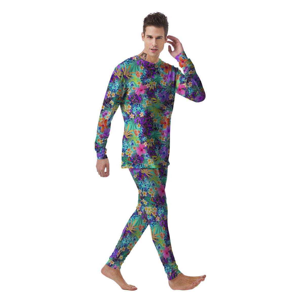 Tropical Neon Hibiscus Print Pattern Men's Pajamas-grizzshop