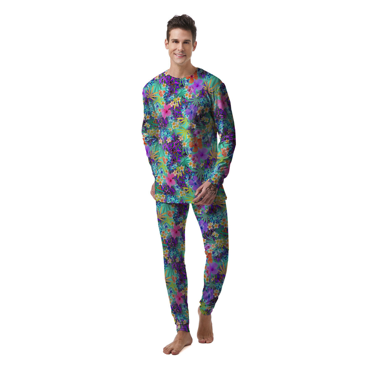 Tropical Neon Hibiscus Print Pattern Men's Pajamas-grizzshop