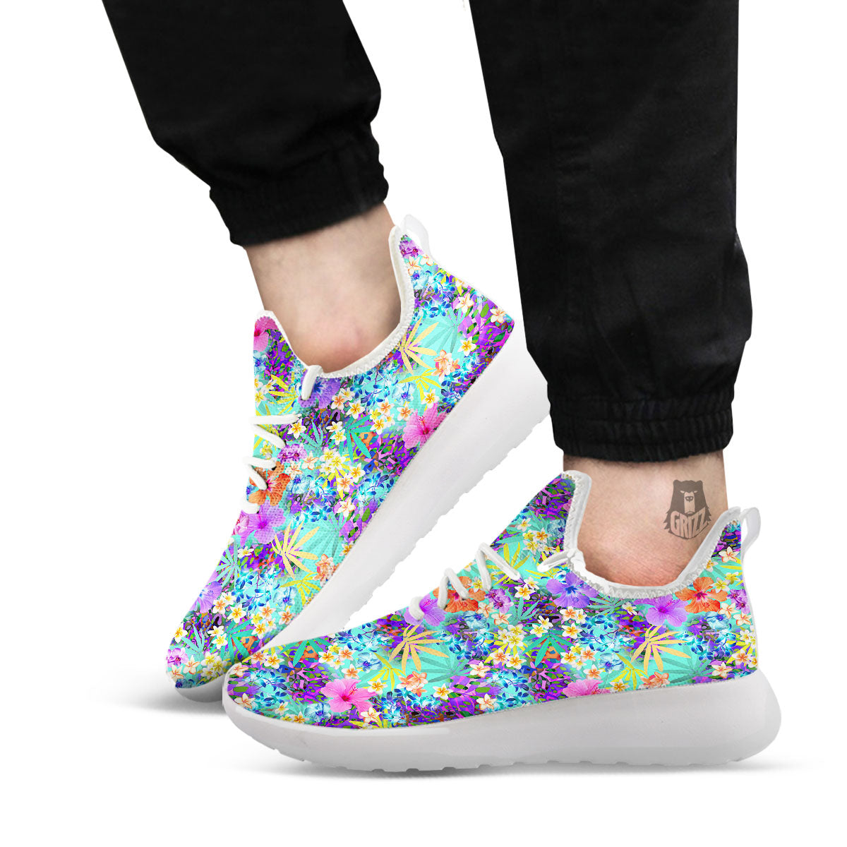 Tropical Neon Hibiscus Print Pattern White Athletic Shoes-grizzshop