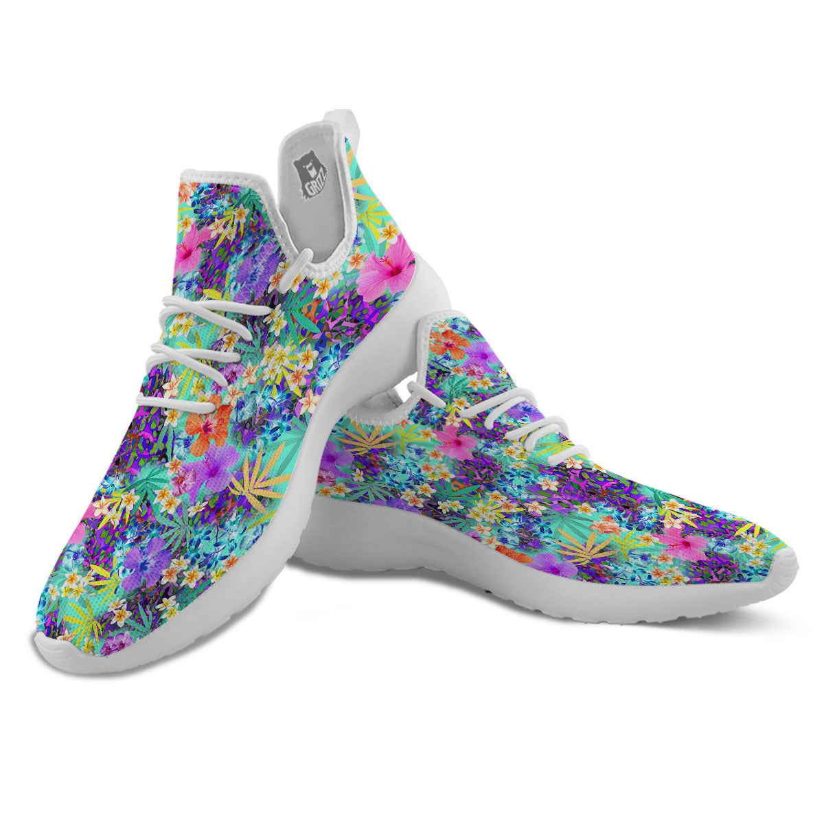 Tropical Neon Hibiscus Print Pattern White Athletic Shoes-grizzshop