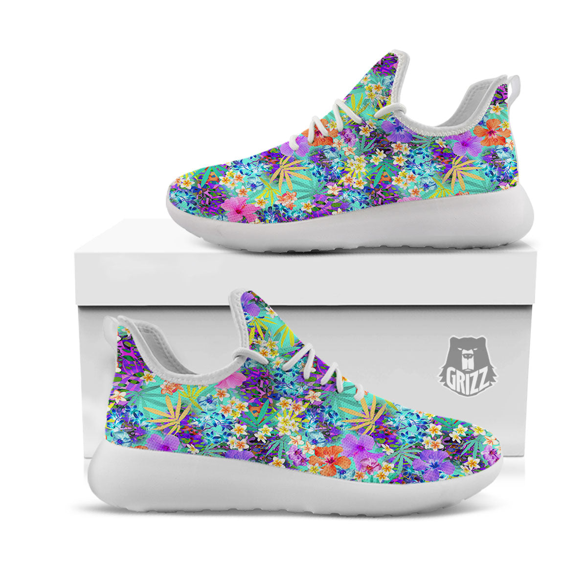 Tropical Neon Hibiscus Print Pattern White Athletic Shoes-grizzshop